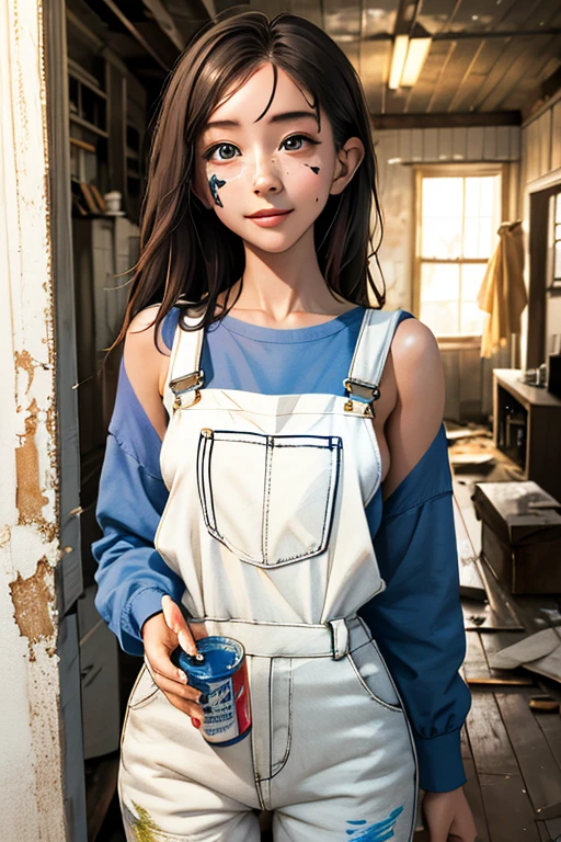 Highest quality High resolution Simple White overalls work clothes A woman holding a paint can and a brush There is a little paint on the clothes or body. Abandoned house 20 years old cute smile
