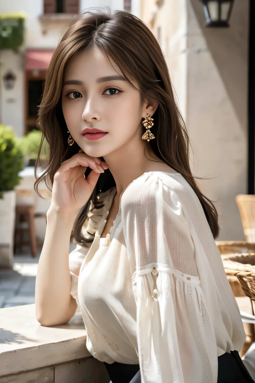 masterpiece, Highest quality, Realistic, Very detailed, Finer details, High resolution, 8k wallpaper, One beautiful woman,Wear a nice blouse, On the terrace of a lovely cafe, at noon, Light brown messy hair, Perfect dynamic composition, Beautiful and beautiful eyes、Big earrings、