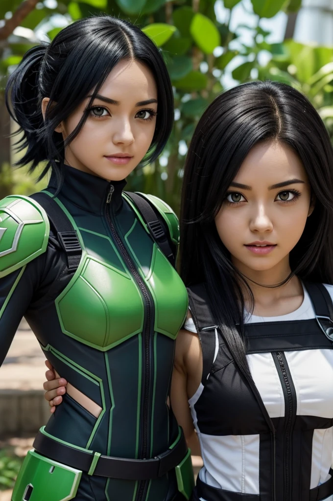 of Screen Boku in Hero Academia,woman with black hair and green eyes with her plant power and her fighting suit next to Izuki