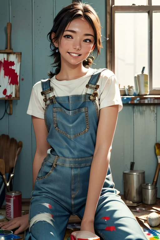 Highest quality　High resolution　Simple　White overalls work clothes　A woman holding a paint can and a brush　There is a little paint on the clothes or body.　Abandoned house　20 years old　cute　smile