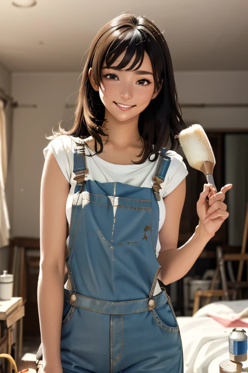 Highest quality　High resolution　Simple　White overalls work clothes　A woman holding a paint can and a brush　There is a little paint on the clothes or body.　Abandoned house　20 years old　cute　smile