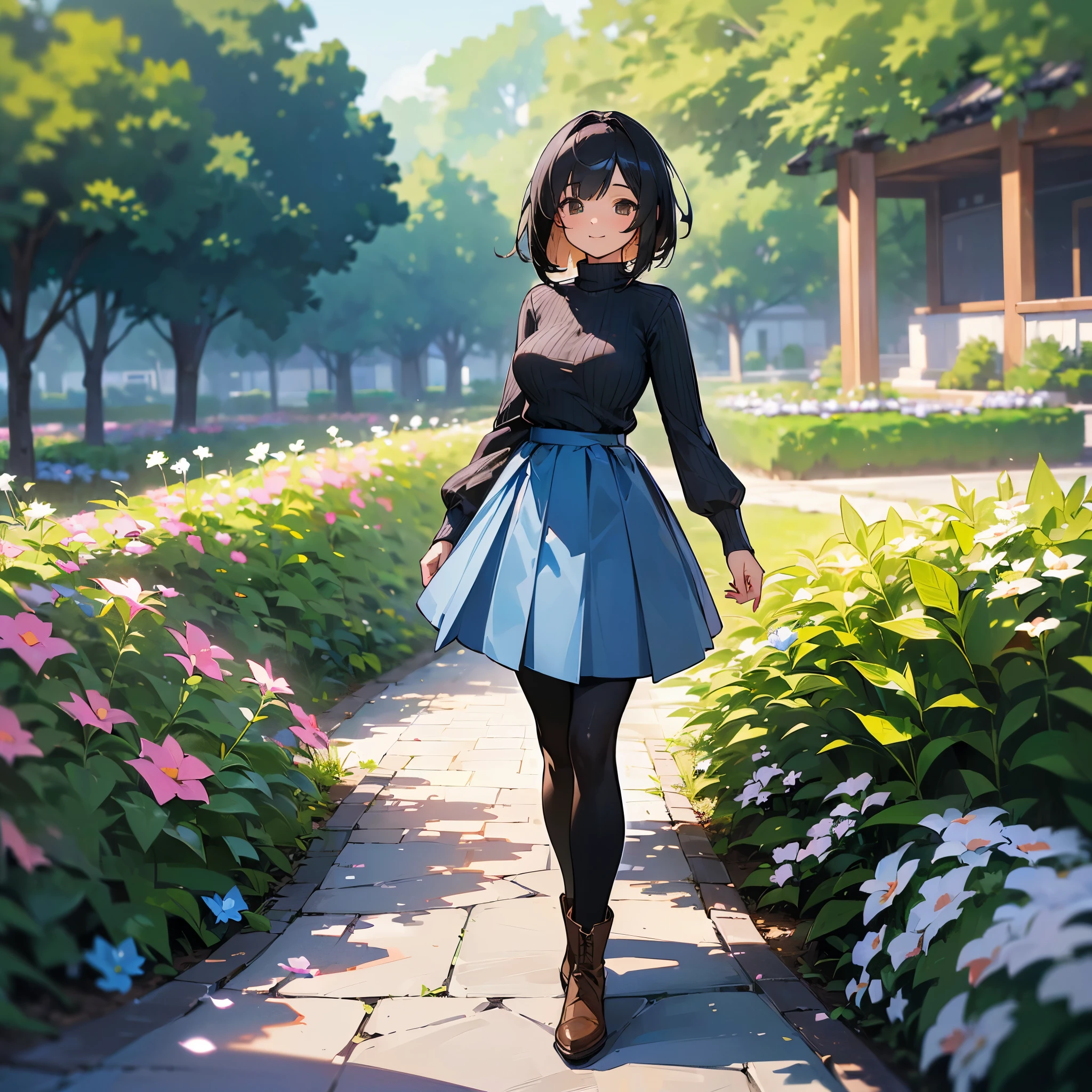 (high quality, High resolution, Very detailed, reality:1.37), Peaceful atmosphere, (Outdoor, garden), age girl standing alone, (my breasts are big.), Beautiful details, Cute Smile, (Black bob hair), Ribbed sweater, Blue Skirt, Black tights, Brown boots.