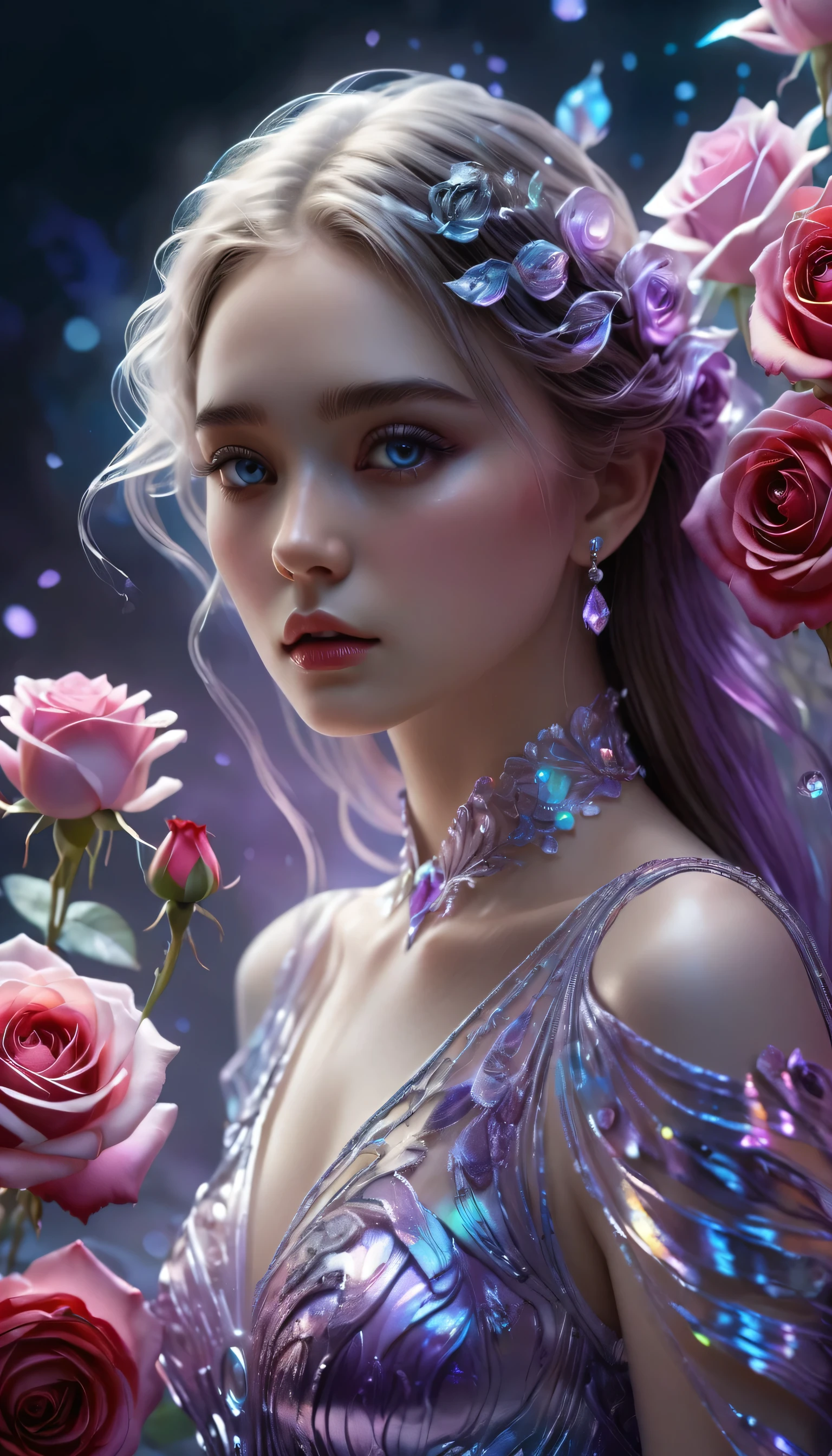 messy lines, iridescent color scale, (full-length portrait: 1.5), (far focus design: 1.5), A beautiful girl, High-gloss lilac satin clothes, Proud, shy, jewelry, Bright pupils, Eyes facing the central focus, wrapped in lilac metallic screen, Exuding an aura of dark fantasy and hatred, Intricate and exquisite details, Highlight fine lines, rich color palette, rainbow colors. Added to enhance the overall ambience, Beautiful details shine, vibrant and perfect, through double exposure technology, Eerily beautiful fog enveloping the landscape, Delicate crystal structure shines, ethereal light, vibrant red roses, blushing nose, high detail, background of detailed and intricate lilac and iridescent flowers, dynamic pose, Concept art, UHD, anatomically correct, super detail, best quality, 8k