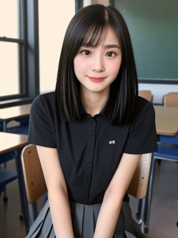 NSFW, (kawaii 18 year-old Japanese girl, Nogizaka idol, Korean idol, highschool student), healthy female athlete body, (glossy black hair, short hair, pixie cut, bangs:1.3), (rounded face, beautiful black eyes, single eyelid, no makeup, looking at something out of frame, shy:1.5), (collared shirt unbuttoned, visible bare breasts, pleated skirt:1.3), extra small breasts, BREAK, (classroom background, seating in the chair:1.2), (dynamic angle, cowboy shot:1.2),  BREAK, (masterpiece, best quality, photo realistic, official art:1.4), (UHD, 8K quality wallpaper, high resolution, raw photo, golden ratio:1.3), (shiny skin), professional lighting, physically based rendering, award winning, (highly detailed skin, extremely detailed face and eyes), Carl Zeiss 85 mm F/1.4, depth of field, 1girl, solo,