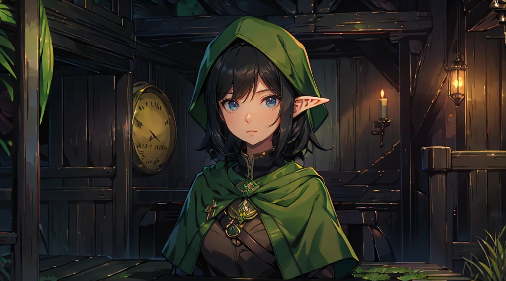 yuichiro hyakuya girl, (WithoutFear:1), 1 girl, black hair, green eyes, brown coat, gray armor, elves, sylvan, green shield, green cloak, dark brown gloves, forest, white fur trim, anime, standing, good quality, portrait, looking at viewer