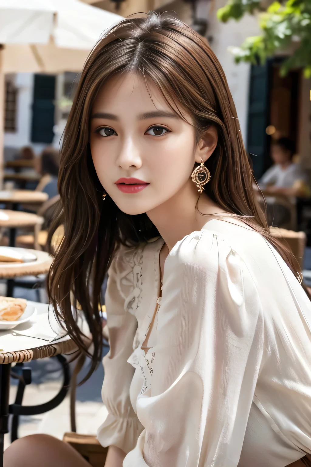 masterpiece, Highest quality, Realistic, Very detailed, Finer details, High resolution, 8k wallpaper, One beautiful woman,Wear a nice blouse, On the terrace of a lovely cafe, at noon, Light brown messy hair, Perfect dynamic composition, Beautiful and beautiful eyes、Big earrings、