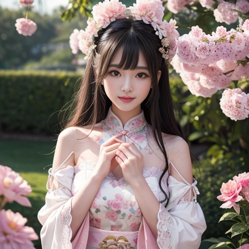 best quality, Delicate face，beautiful visual work, lifelike, eternity, black hair, Long curly hair, blunt bangs, Smile, 在flower园里, flower, Detailed Background, Delicate face，pink blush，cold，((masterpiece))、(top quality)、8k、high detail、Super detailed，21 years old female，Wearing Chinese cheongsam、Seductive and whimsical style、masterpiece、born、Scenes resembling fairy tale illustrations、intricate details和複雜的設計、Beautifully、magic、capricious、 Beautifully、Dream aesthetics、「𝓡𝓸𝓶𝓪𝓷𝓽𝓲𝓬、ethereal、charming、fickle、magic」、realism、Visual effects、FXAA、SSAO、Shader、voiceless、ambient lighting、Tone mapping、High resolution、Ultra high quality、Million pixels、(8K resolution:1.10)、8k、8k以下、8K resolution、high detail、intricate details， (high quality:1.2、masterpiece:1.2、:1.21)、(21 years old female:1.21)、(興奮地Smile)、(Surrounded by a dreamy atmosphere、Model diagram，full-body shot，Normal 2 feet，Don't show your fingers，Japanese folding fan held open in front of chest