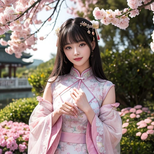best quality, Delicate face,beautiful visual work, lifelike, eternity, black hair, Long curly hair, blunt bangs, Smile, 在flower园里, flower, Detailed Background, Delicate face,pink blush,cold,((masterpiece))、(top quality)、8k、high detail、Super detailed,21 years old female,Wearing Chinese cheongsam、Seductive and whimsical style、masterpiece、born、Scenes resembling fairy tale illustrations、intricate details和複雜的設計、Beautifully、magic、capricious、 Beautifully、Dream aesthetics、「𝓡𝓸𝓶𝓪𝓷𝓽𝓲𝓬、ethereal、charming、fickle、magic」、realism、Visual effects、FXAA、SSAO、Shader、voiceless、ambient lighting、Tone mapping、High resolution、Ultra high quality、Million pixels、(8K resolution:1.10)、8k、8k以下、8K resolution、high detail、intricate details, (high quality:1.2、masterpiece:1.2、:1.21)、(21 years old female:1.21)、(興奮地Smile)、(Surrounded by a dreamy atmosphere、Model diagram,full-body shot,Normal 2 feet,Don't show your fingers,Japanese folding fan held open in front of chest