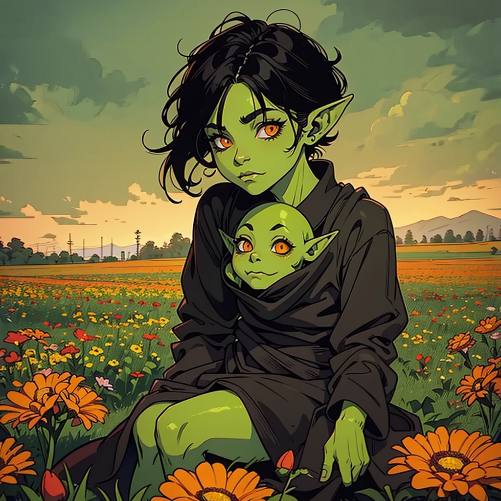 A LITTLE GOBLIN GIRL, green skin, black hair, orange eyes, long ears, , wearing rags. In a field with flowers