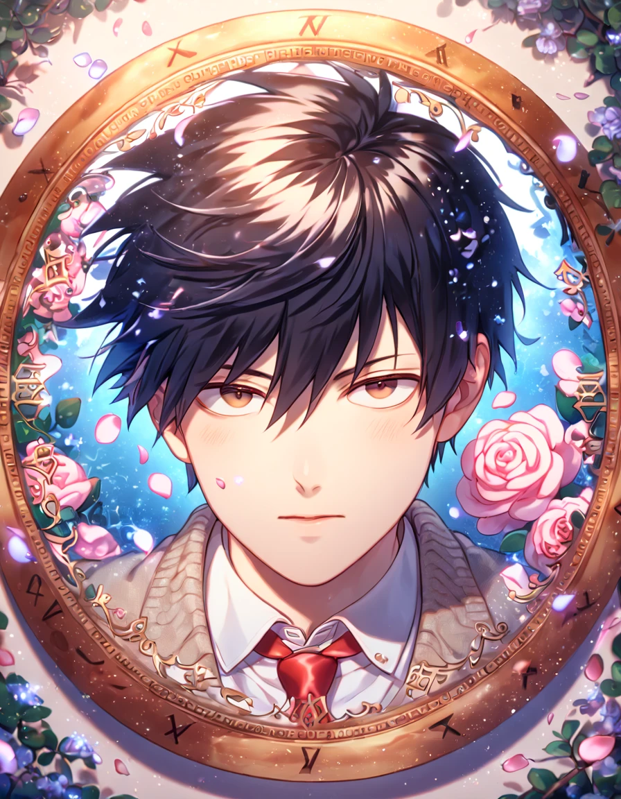 absurdres, highres, ultra detailed, HDR, masterpiece, extremely detailed, Kageyama Ritsu, black hair, expressive brown eyes, Mob Psycho 100, solo, sexy man, handsome, brown sweater, white shirt, red necktie, water, magical, fantasy, glittering, shining, pink roses, blossoms, petals, in woderland, clock