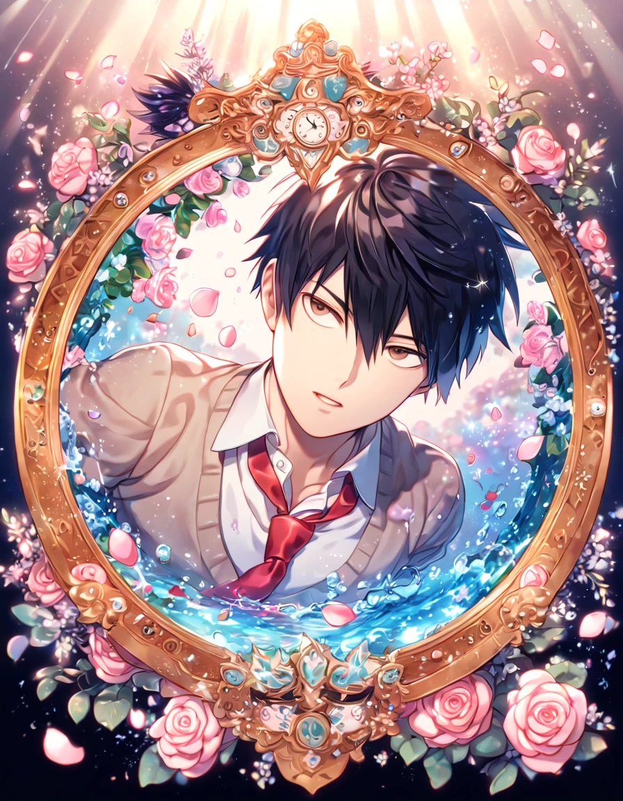 absurdres, highres, ultra detailed, HDR, masterpiece, extremely detailed, Kageyama Ritsu, black hair, expressive brown eyes, Mob Psycho 100, solo, sexy man, handsome, brown sweater, white shirt, red necktie, water, magical, fantasy, glittering, shining, pink roses, blossoms, petals, in woderland, clock