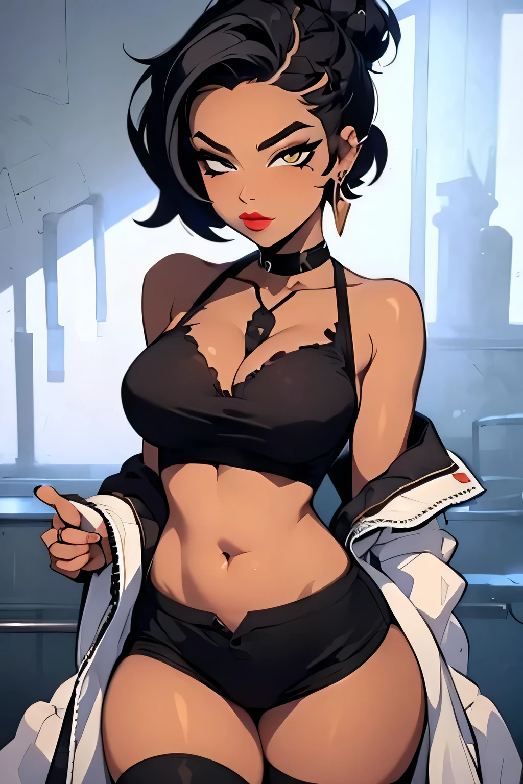 Amazing portrait of a  woman with her hair tied back in a high bun with her eyes emphasised by smokey eyeliner gazing at us seductively with her perfect lips parted wearing a red dress with black laces and fishnets