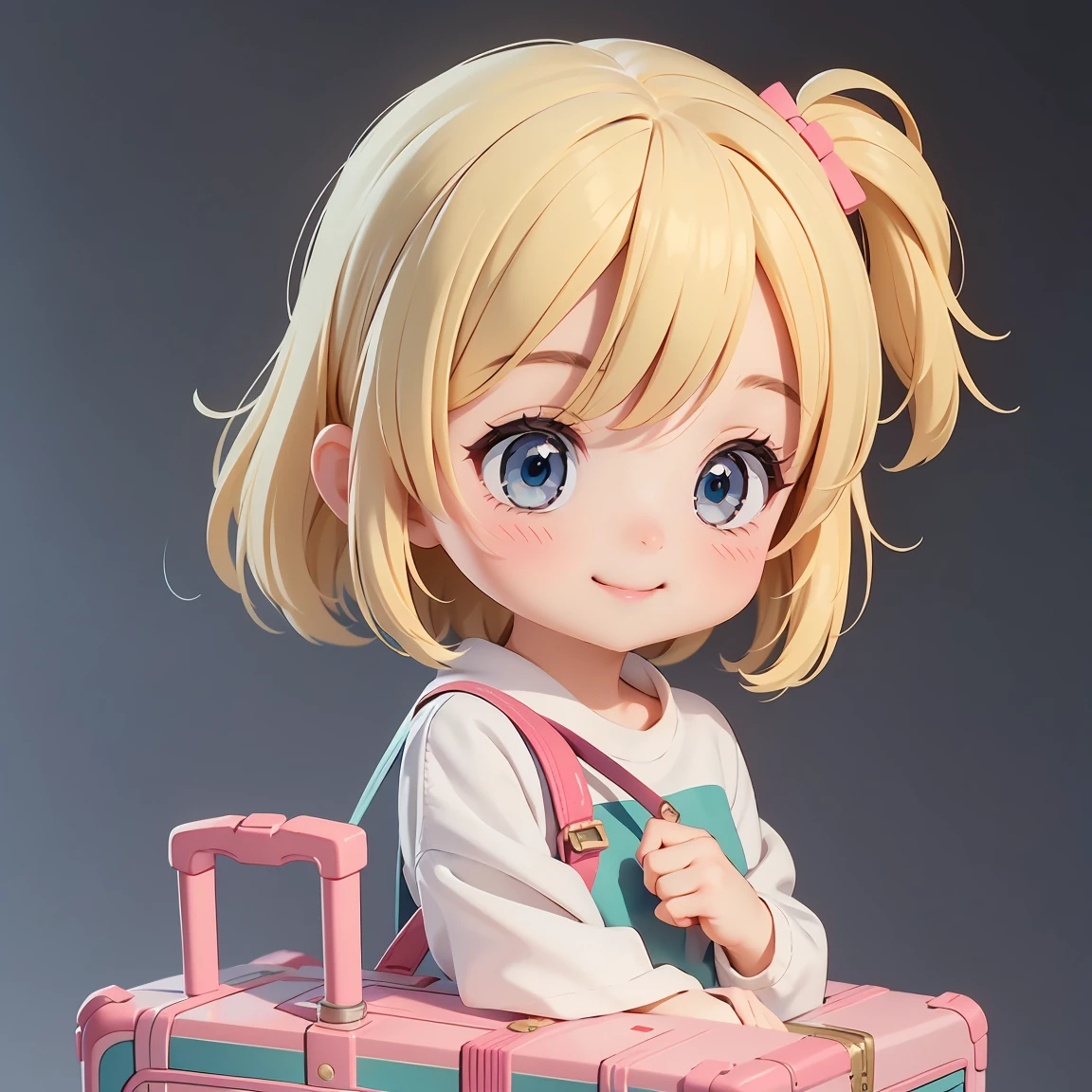 Super Chibi Character：1.8、wearing cute sandals、All-over simple and light color background：1.8、Blonde Hair、Cute 7  girl、Random cute outfits、Super Chibi Character：1.8、smile、Super Smile、On the go、Have a suitcase、Have a suitcase、Have a suitcase