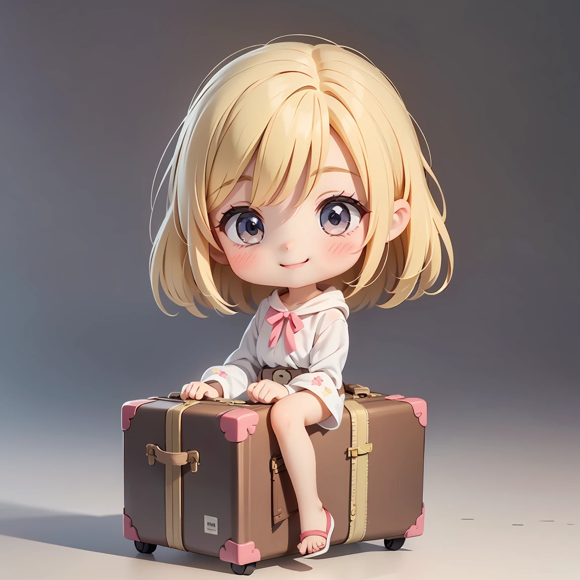 Super Chibi Character:1.8、wearing cute sandals、All-over simple and light color background:1.8、Blonde Hair、Cute 7 year old girl、Random cute outfits、Super Chibi Character:1.8、smile、Super Smile、On the go、Have a suitcase、Have a suitcase、Have a suitcase