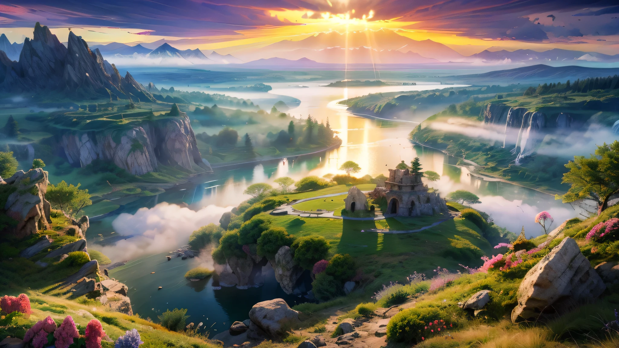 a large deep clear glowing blue lake with, island in the centre, in a valley with huge dramatic mountains towering in the distance,fantasy fairytale scenery, rocks plants flowers shrubs trees moss lawns grass redwoods,colourful sunset storm and strong sunbeams,misty hazy,extreme details,photorealistic,4k,HD,beautiful,nature, dreamy, imaginative, incredible panorama