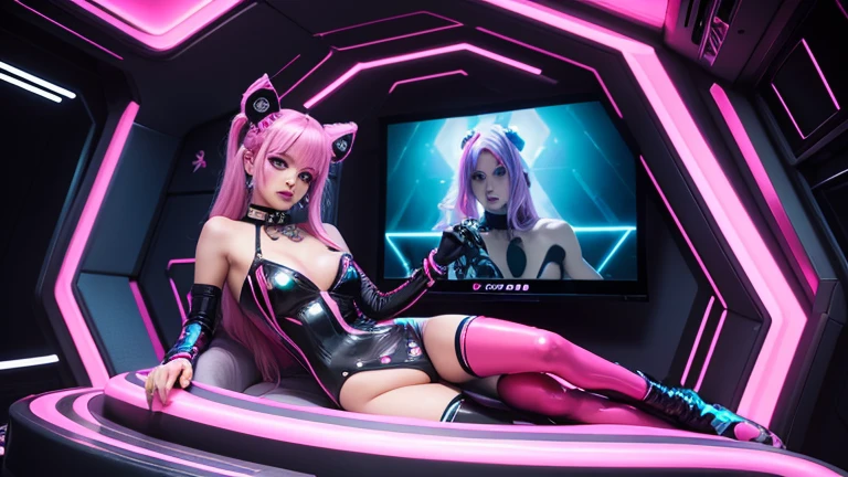 a 15 old in a bikini top and shorts sitting on a chair, 3 d neon art of a cyberpunk frog, s cifi character render, 3 d render stylized, 3 d render beeple, stylized 3 d render, style of starfinder, scifi character, rolands zilvinskis 3d render art, rendered in 紫粉 shift, colored z brush render