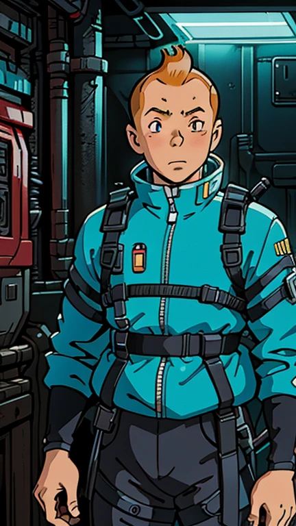 (Teens:1male: Tintin), (extremely detailed CG unit 8k wallpaper),(master part), (best quality), (ultra detail), (best illustration),(urban techwear), cowboy shot, (Sharp eyeliner, ombre, detailed eyes:1), dark neon light cyberpunk indoors background, ,break , (ghibli style), upper body