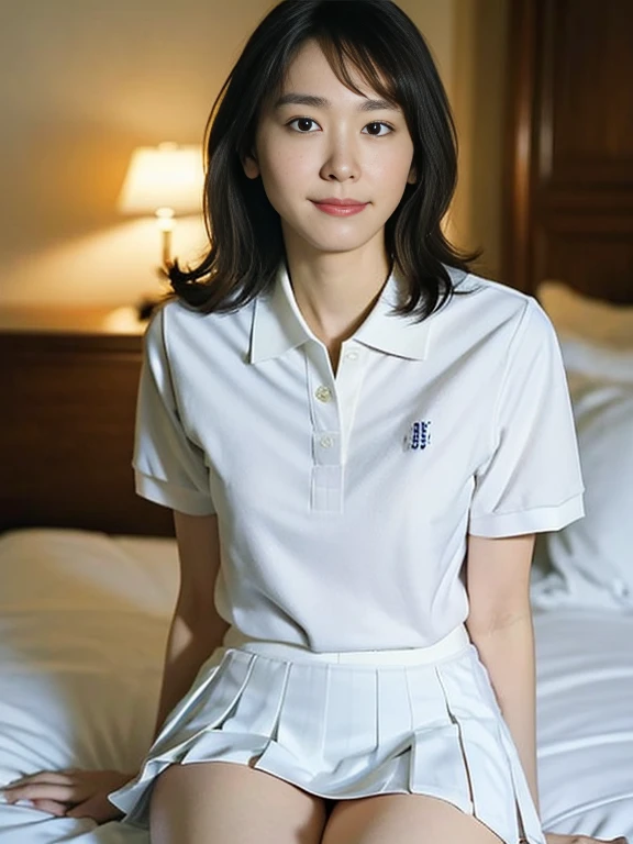 (Masterpiece, Best quality: 1.4), (Ultra realistic, Photo-realistic: 1.2), From above, From side, Sitting, Looking at viewer, Natural light, 28 years old actress, Japanese women, Neat and clean, ((Wearing white tennis uniform, White short-sleeve polo shirt with collar, Not buttoning the polo shirt, White pleated tennis skirt: 1.3)), (Wearing white sock: 1.2), (Ponytail: 1.2), (Beautiful face), Oval face, clear, Beautiful eyes, Kind eyes, Clear skin, Small face, Beautiful mouth, Small mouth, Natural makeup, Approachable, Seductive smile, (Seductive pose: 1.4), (Beautiful thighs: 1.2), (Bedroom eyes: 1.1), Embarrassed, Blush, Luxury hotel Suite room, On bed,