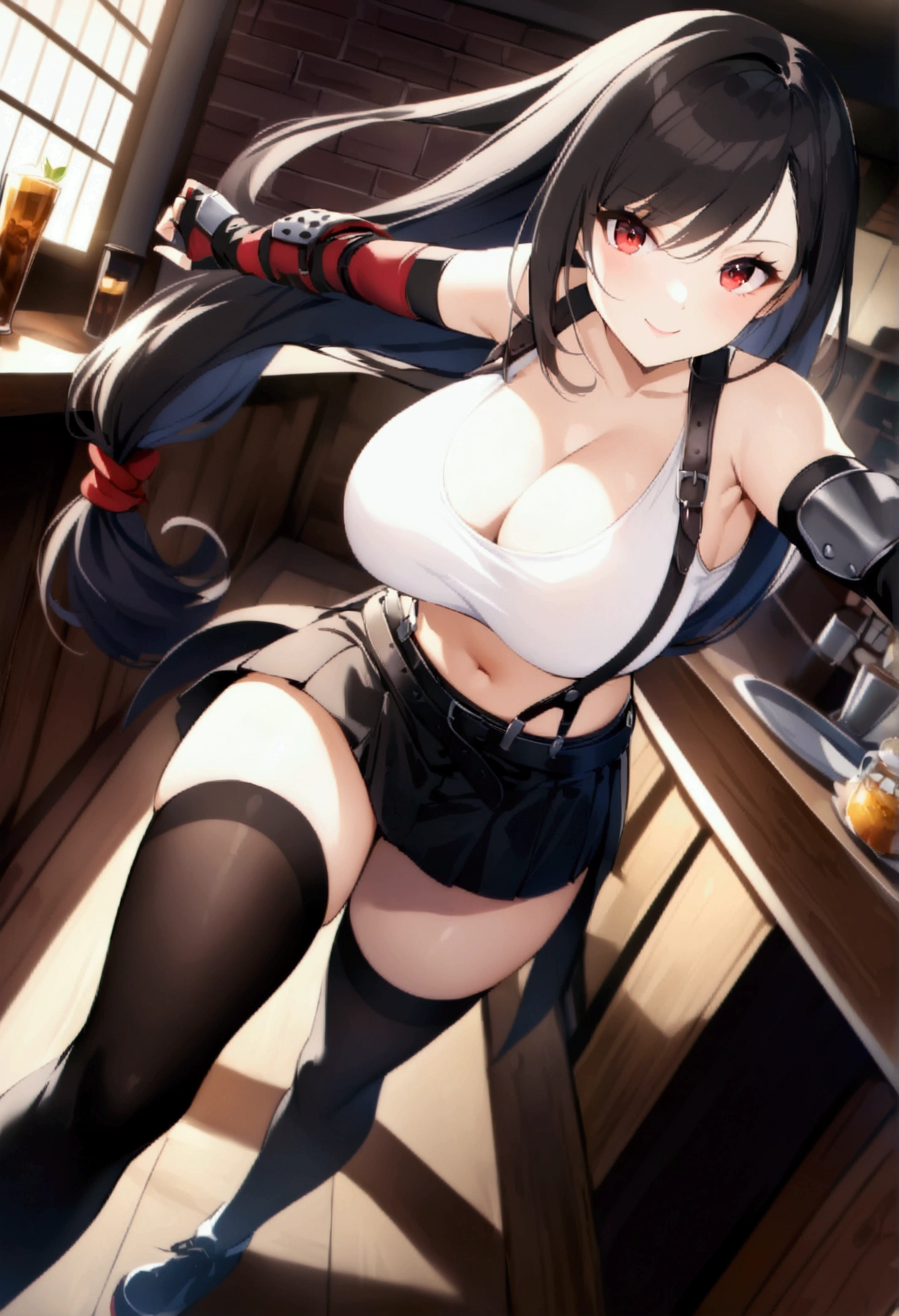 (score_9, score_8_up, score_7_up), BREAK (masterpeace),(best quality),(aesthetic,very aesthetic),(highly detailed),1girl, tifa lockhart, final fantasy,(beautiful). black hair, low-tied long hair, red eyes, bangs, white tank top, belt, pleated skirt, thighhighs, elbow fingerless gloves, elbow pads, midriff, navel,suspender skirt.zettai ryouiki,(big_breasts),Solo,upperbody,looking at viewer, vibrant, joyful,cafe and bar,,Showcasing cleavage ,counter,,fullbody,dynamic angle,fighting pose,professional lighting,cinematic lighting,