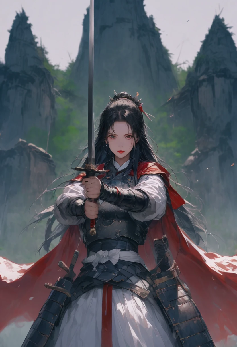 Wearing white Japanese armor with red capes, a group of seven members, the one in the center being a woman, observe the sky from the top of the cliff and below it a feudal Japanese kingdom
