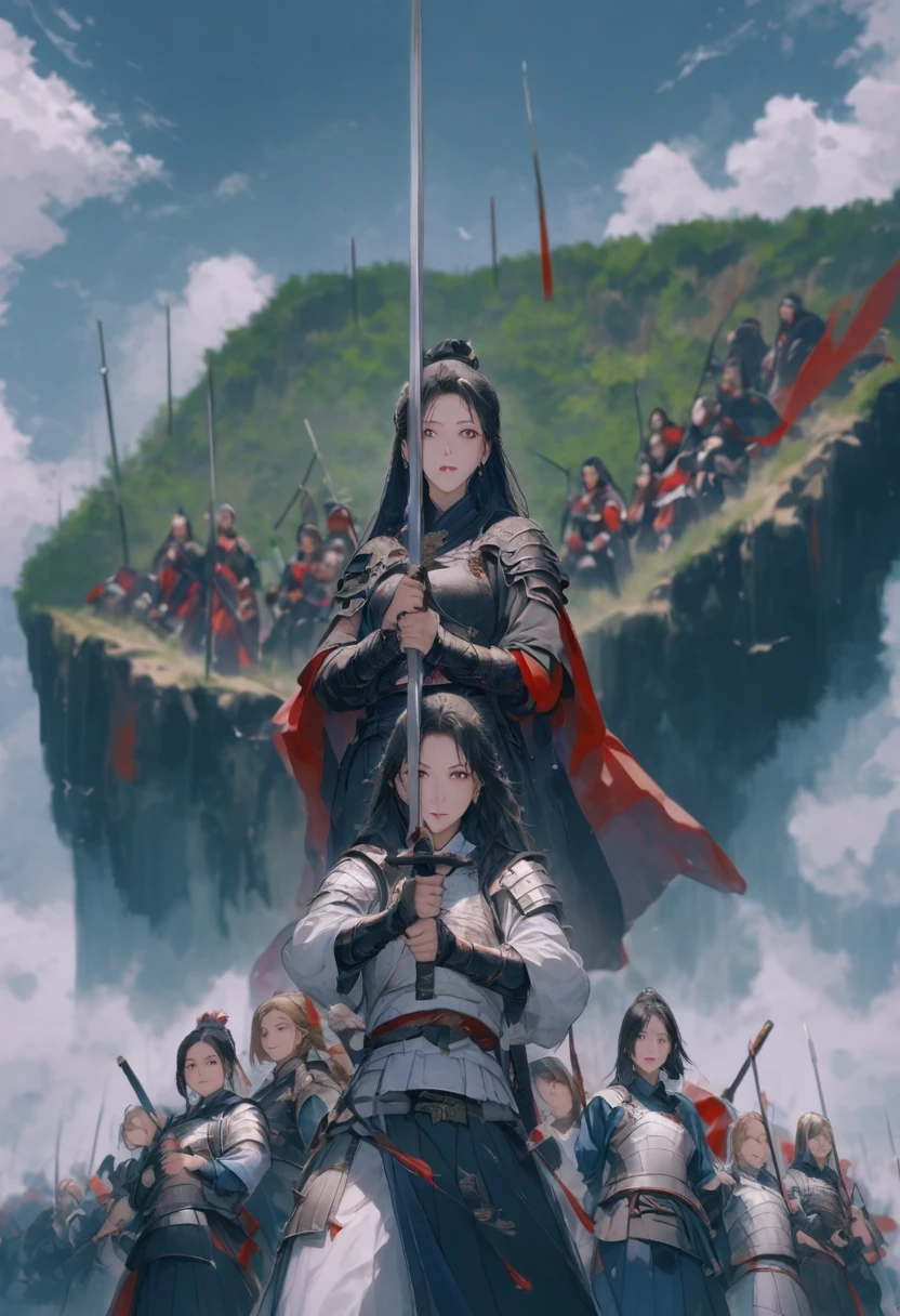 Wearing white Japanese armor with red capes, a group of seven members, the one in the center being a woman, observe the sky from the top of the cliff and below it a feudal Japanese kingdom