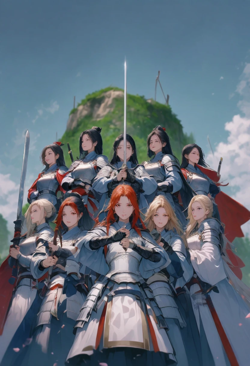 Wearing white Japanese armor with red capes, a group of seven members, the one in the center being a woman, observe the sky from the top of the cliff and below it a feudal Japanese kingdom