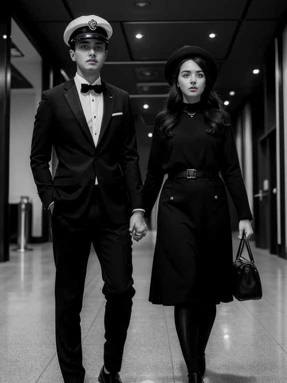 ((monochrome, Black and White Photography:1.5)),Front view, couple with standing on floor, air port in Casablanca, ( 1 Austria boy and 1 Germany actress girl is existence), boy wear is suit style, hat , girl is 1930 year's fashion style, (foreshortening, highness, forehead-to-forehead, Canon, textured skin, 8K, anatomically correct, super detail, high details
