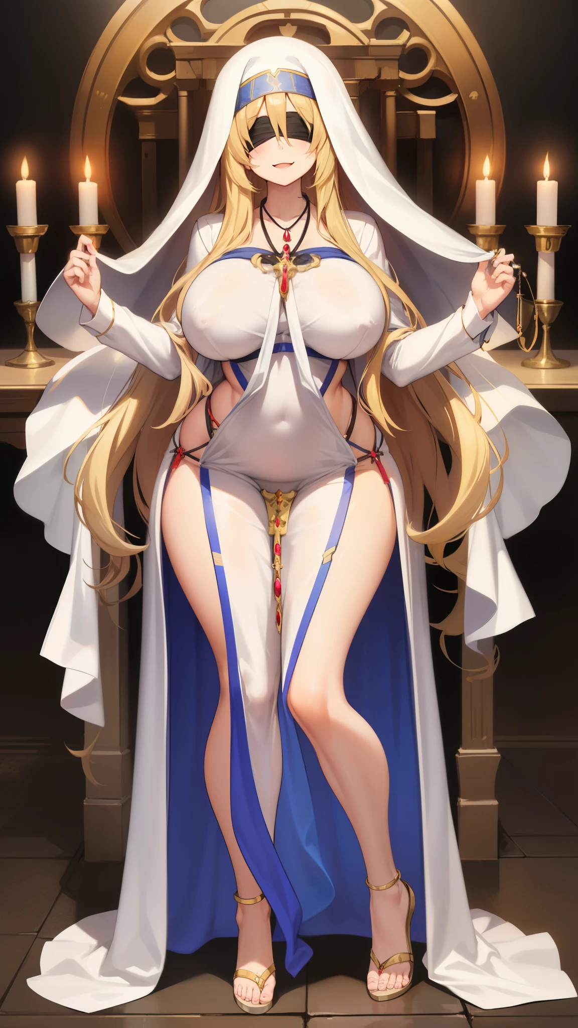 wide hips, smile, SwordMaidenNDV, 1girl, blonde hair, large breasts, long hair, white dress, black blindfold, necklace, habit,,full body,standing