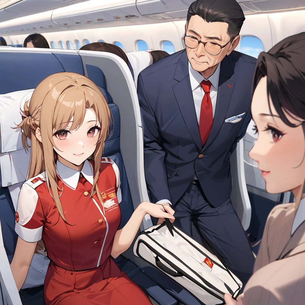 ((Highest quality)), ((masterpiece)), (detailed), (Perfect Face)、The woman is a Chinese flight attendant for Air China, named Yuuki Asuna, with light brown, medium-long hair.、The woman is wearing the red uniform of an Air China flight attendant.、The woman is a special flight attendant for the honorable Chinese Communist Party members, and she dresses up beautifully to serve them.、The woman was a first-class passenger, a dignified elderly man who was a member of the Chinese Communist Party and was serving him privately, sitting next to him and entertaining him.、A man and a woman alone in the first class cabin