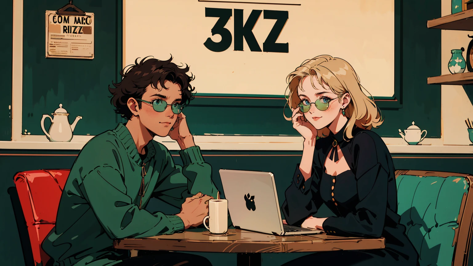 Highest quality、8k、Retro Fashion、Bob Hair、30-year-old woman、Redhead、Curly Hair、Green Eyes、jazz、one piece、Vintage Cafe、Wearing sunglasses、Working on your laptop、whole body、Latte Art、Wood Table、smile、Black cat