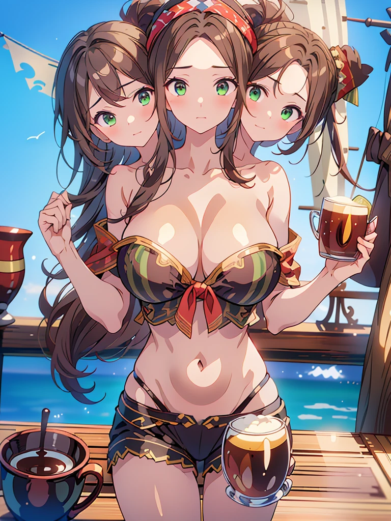 (masterpiece, best quality), best quality, best resolution, (3heads:1.5), 1girl, pirate, brown hair, green eyes, casual, striped bandana on head, pirate clothes, waving to the viewer, holding a mug of ale, huge breasts, shipyard, ship docked in background