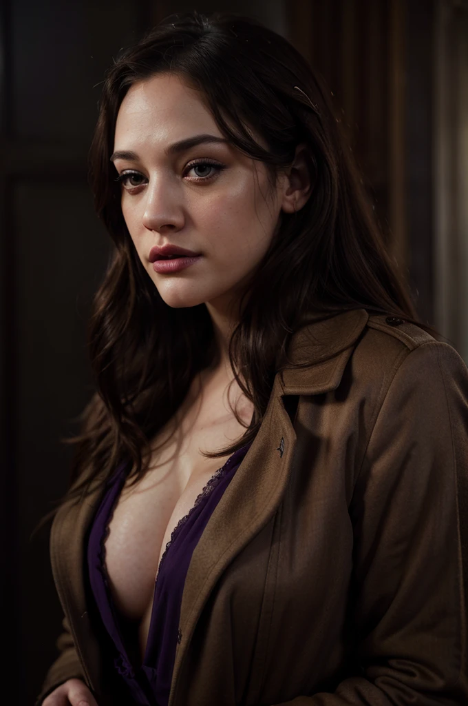 Kat Dennings, brown overcoat, purple dress, beautiful detailed eyes, beautiful detailed lips, extremely detailed face, long eyelashes, photorealistic, 8k, highly detailed, couture fashion, dramatic lighting, moody atmosphere, cinematic composition
