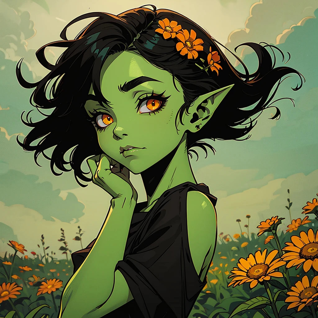 A LITTLE GOBLIN GIRL, green skin, black hair, orange eyes, long ears, , wearing rags. In a field with flowers