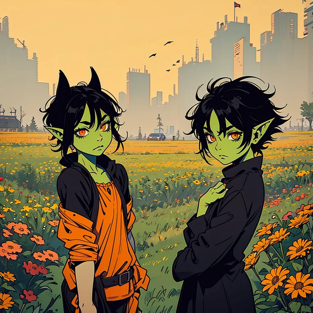A LITTLE GOBLIN GIRL, green skin, black hair, orange eyes, long ears, , wearing rags. In a field with flowers