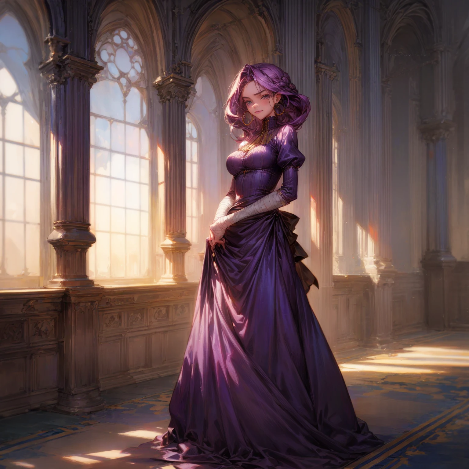 Solo character, full body version, detailed background, detailed clothing, detailed hair, detailed face detailed gesture, young girl, lavender color hair, long haircut, long dress Victorian, blue color dress, yellow long skirt, sandals, bandage, hoop earrings, indoor, inn medieval, sad eyes, smile mouth, standing gesture, Medium Breast, Sword in hand