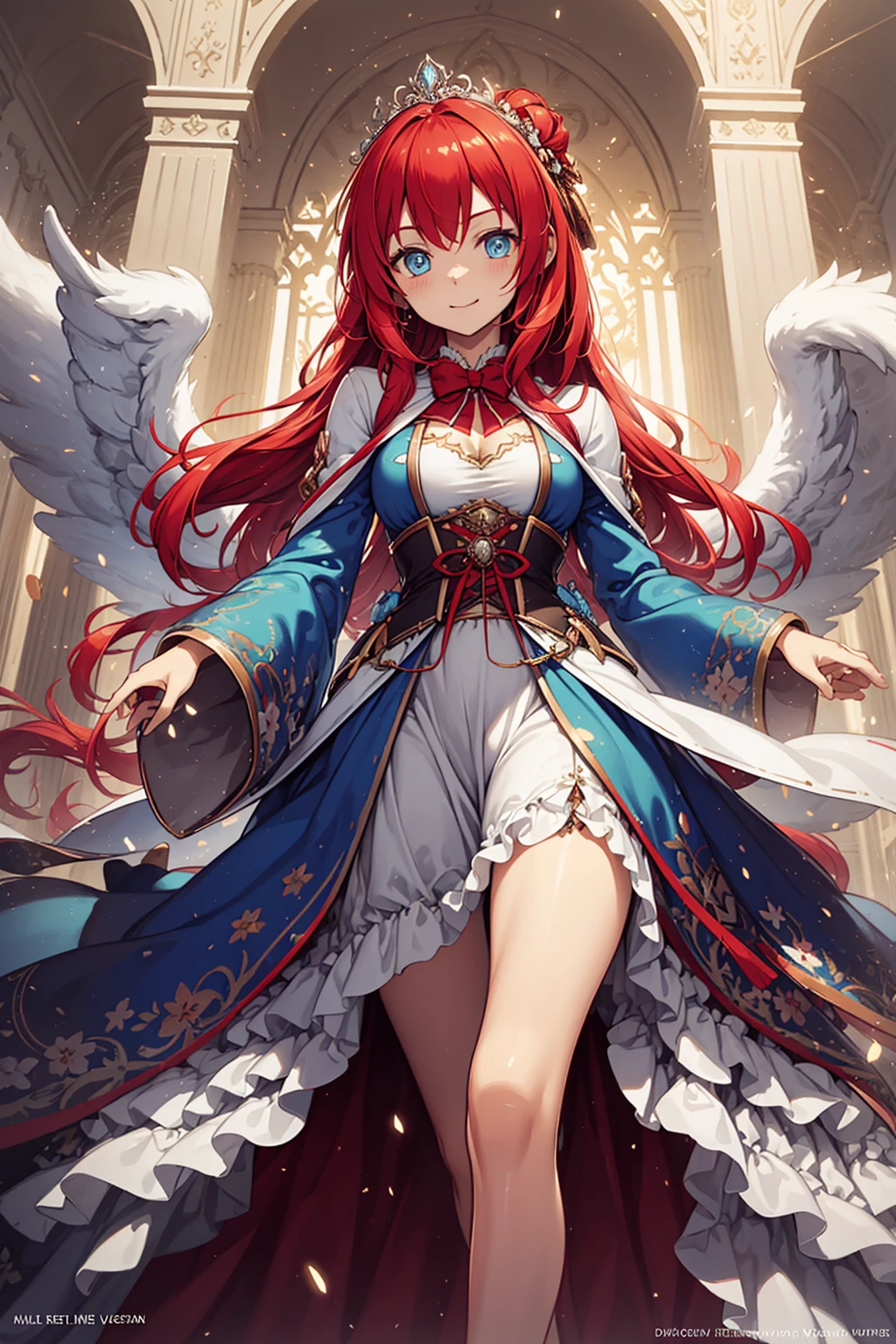 (Best quality, A high resolution, Textured skin, High quality, High details,Extremely detailed CG unity),teens girl，Enchanted，Divine happiness，Being in love，(Light Victorian princess dress:1.2)，Pink hair，eBlue eyes，(Gorgeous tiara of the princess)，Maximalism，Ruffles，Translucent lace，Multi-colored cloth，Delicate embroidery，Delicate pattern，exquisite costumes，Transparent outer skirt，Bedrooms，the night，glittery，(Dazzle:1.2)，Movie lighting，the night，solo person，Fluttering skirt，Beautiful detailed face and hair