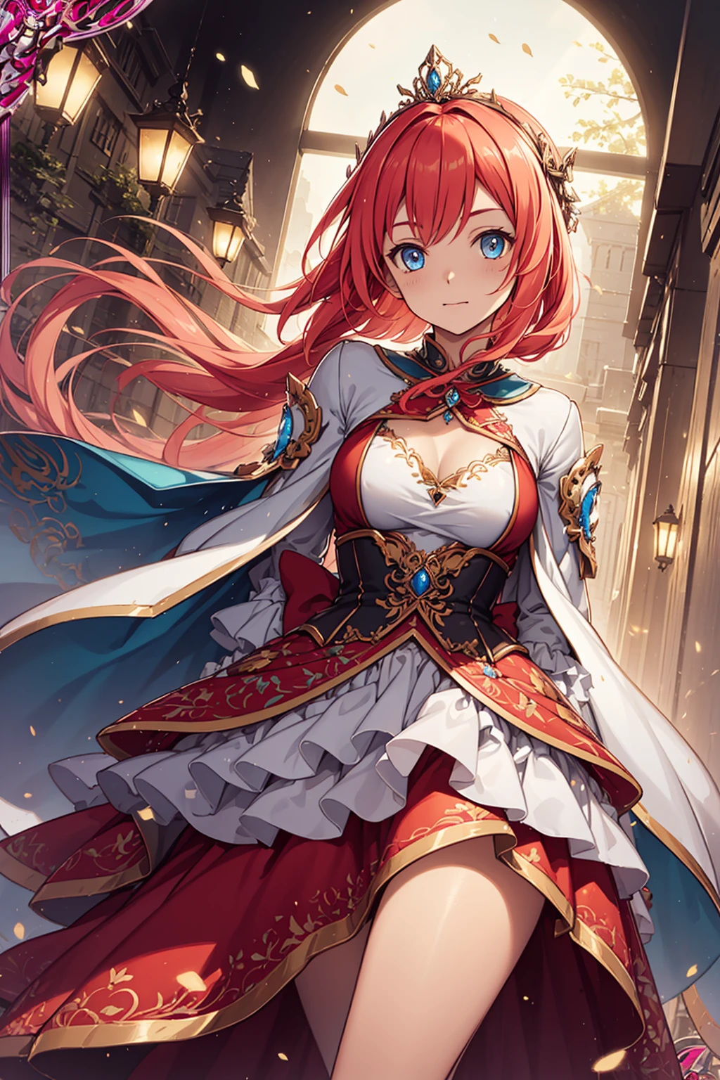 (Best quality, A high resolution, Textured skin, High quality, High details,Extremely detailed CG unity),s girl,Enchanted,Divine happiness,Being in love,(Light Victorian princess dress:1.2),Pink hair,eBlue eyes,(Gorgeous tiara of the princess),Maximalism,Ruffles,Translucent lace,Multi-colored cloth,Delicate embroidery,Delicate pattern,exquisite costumes,Transparent outer skirt,Bedrooms,the night,glittery,(Dazzle:1.2),Movie lighting,the night,solo person,Fluttering skirt,Beautiful detailed face and hair