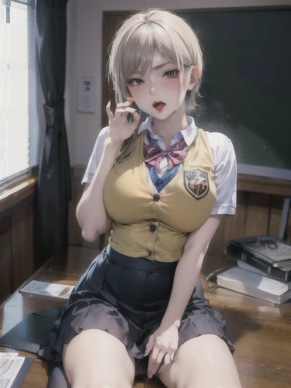 ((Highest quality)), ((masterpiece)), (detailed), One Girl,(Knee-length),Cosplay,whole body,Big Breasts,Underbust,school uniform,(Open the buttons on your shirt),22-year-old woman,(Naughty look),((Excited expression)),Browsing Caution,nswf Japanese,(attractive appearance),atmosphere,rotor,blush,(Girl in a dark classroom)