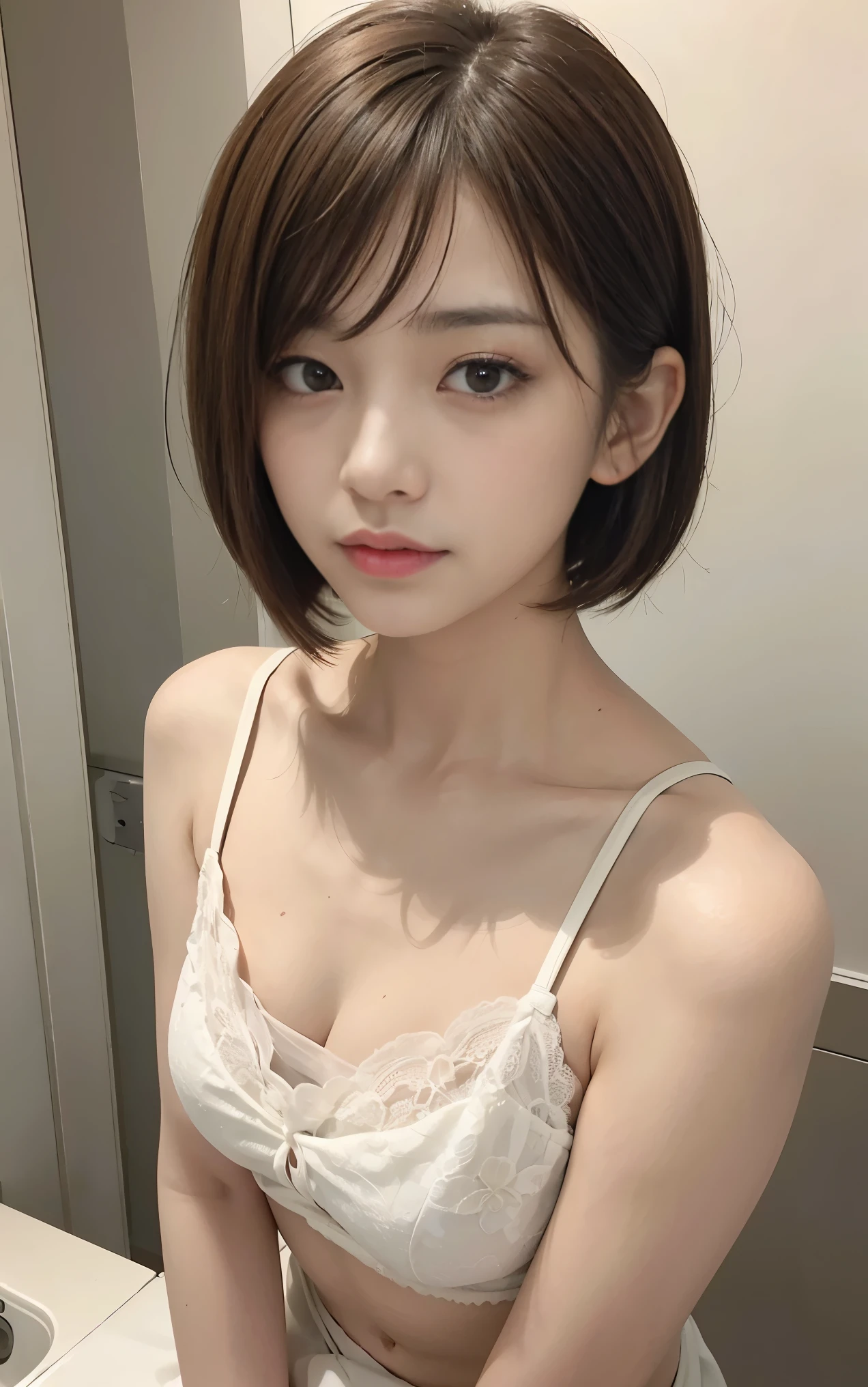 Cute 21 years old Japan、bath room、camisole、Super Detail Face、Eye of Detail、double eyelid、beautiful thin nose、sharp focus:1.2、prety woman:1.4、(light brown hair,Shortcut Hair, ),fair white skin、top-quality、​masterpiece、超A high resolution、(Photorealsitic:1.4)、