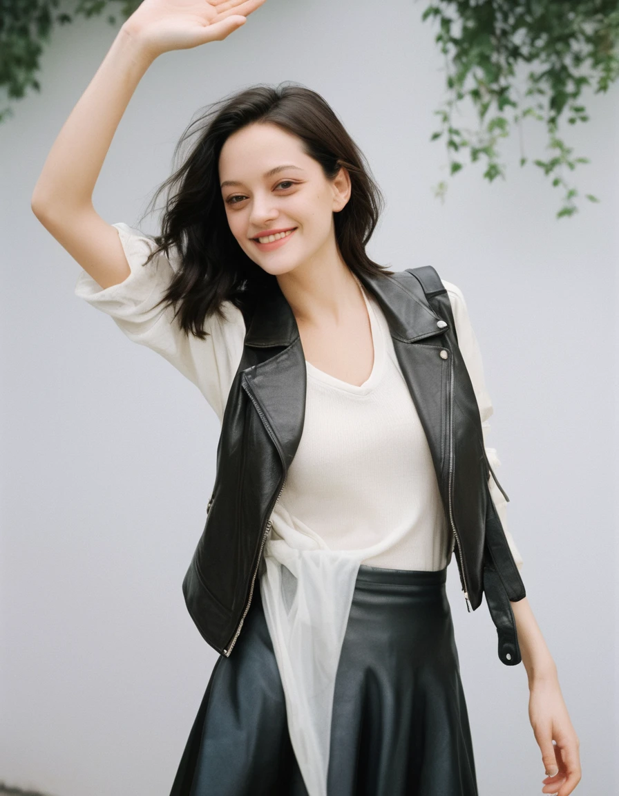 xxmixgirl, quite a bit body of a beautiful long and slender cute face Japanese girl, A gorgeous young cute asian woman in a sexy rockers outfit, happy smiling, still from the film, ((young Marion Cotillard face : 1.2)), ((young Anne Hathaway face: 1.0)), from front, realistic portrait photo of a cute 21 years old girl, looks at viewer, wavy nose, full lips, natural skin, skin moles,(cinematic, film grain:1.1), ((asian winged eyes, very long and slender slim face, windy tousled, very long straight black hair)), pretty eyes, gorgeous, sexy, alluring, makeup, perfect face, seductive look, detailed background, extremely detailed, concept photo art, large breasts, dark theme, low light, close up, colorful abstract background, arms up, black leather jacket, camo skirt, monochrome, colorful background, joyful, holding skirt, white outline, (Leica SL3, Summicron-SL 75 f/2 ASPH, kodak Ektar 200 film), hands up, bokeh, silhouette, shallowed depth of field, dynamic action pose, hands up,