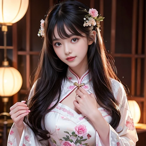 best quality, Delicate face，beautiful visual work, lifelike, eternity, black hair, Long curly hair, blunt bangs, Smile, 在flower园里, flower, Detailed Background, Delicate face，pink blush，cold，((masterpiece))、(top quality)、8k、high detail、Super detailed，21 years old female，Wearing Chinese cheongsam、Seductive and whimsical style、masterpiece、born、Scenes resembling fairy tale illustrations、intricate details和複雜的設計、Beautifully、magic、capricious、 Beautifully、Dream aesthetics、「𝓡𝓸𝓶𝓪𝓷𝓽𝓲𝓬、ethereal、charming、fickle、magic」、realism、Visual effects、FXAA、SSAO、Shader、voiceless、ambient lighting、Tone mapping、High resolution、Ultra high quality、Million pixels、(8K resolution:1.10)、8k、8k以下、8K resolution、high detail、intricate details， (high quality:1.2、masterpiece:1.2、:1.21)、(21 years old female:1.21)、(興奮地Smile)、(Surrounded by a dreamy atmosphere、Model diagram，full-body shot，Normal 2 feet，Don't show your fingers，Japanese folding fan held open in front of chest