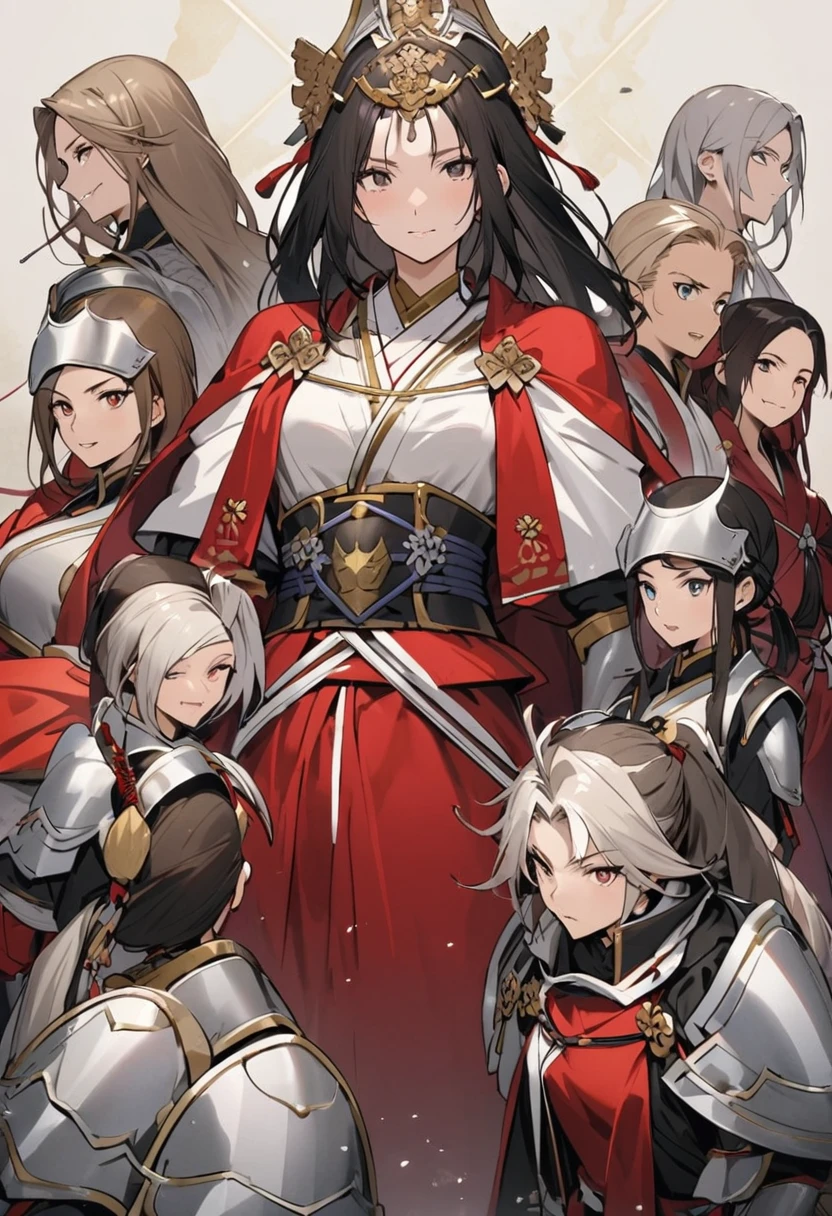 Wearing white Japanese armor with red capes, a group of seven members, the one in the center being a woman, observe a feudal Japanese kingdom