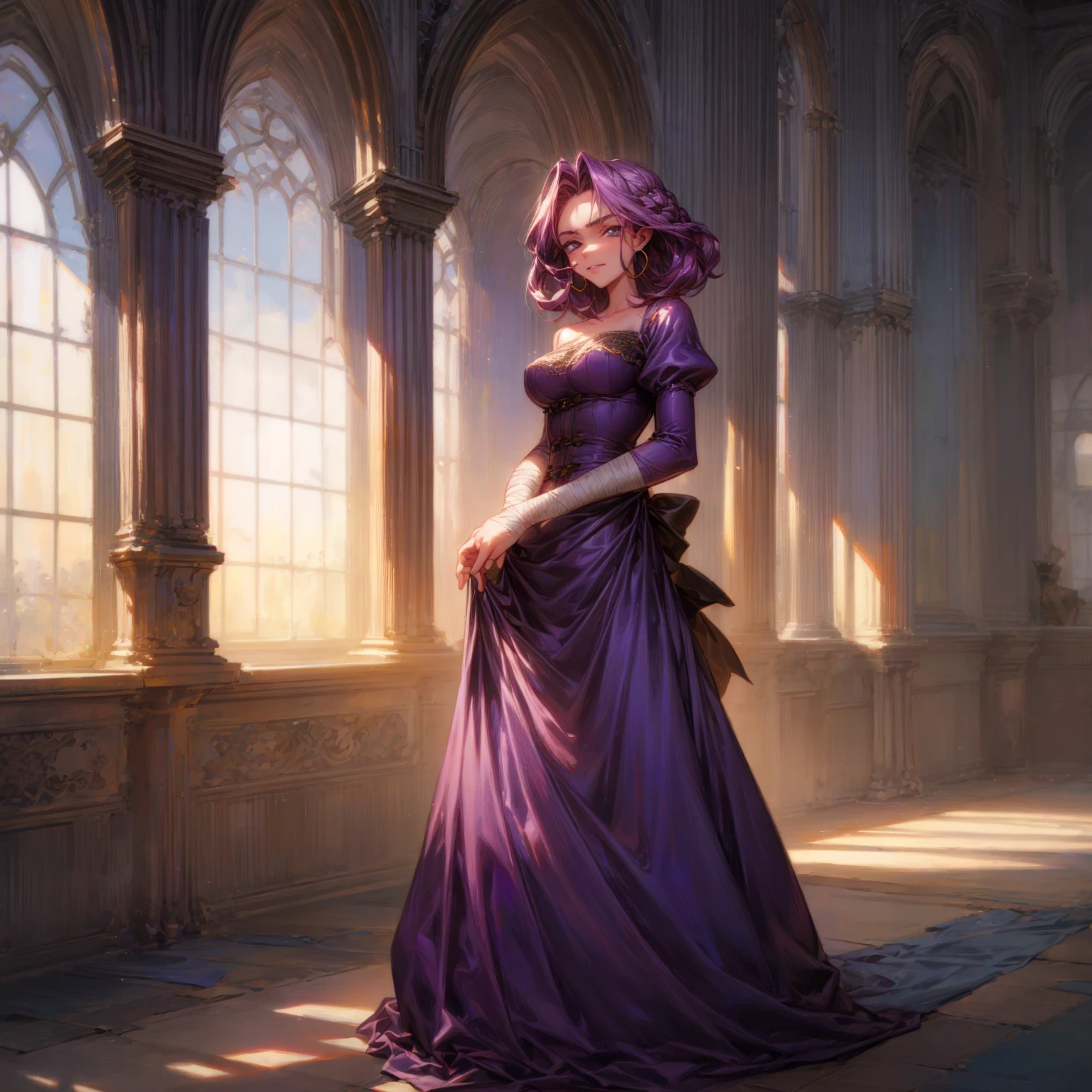 Solo character, full body version, detailed background, detailed clothing, detailed hair, detailed face detailed gesture, young girl, lavender color hair, long haircut, long dress Victorian, blue color dress, yellow long skirt, sandals, bandage, hoop earrings, indoor, inn medieval, sad eyes, smile mouth, standing gesture, Medium Breast, Sword in hand