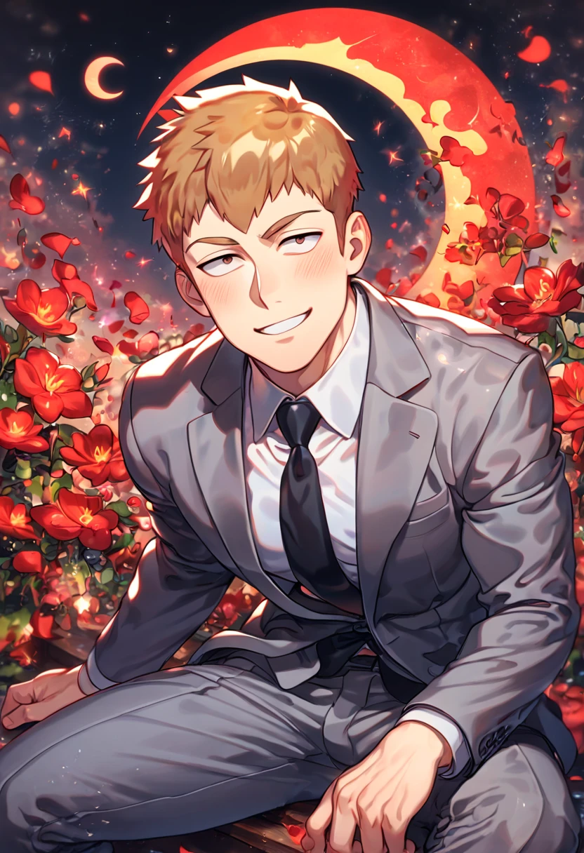 absurdres, highres, ultra detailed, HDR, master piece, Reigen Arataka, reddish-blond hair, short hair, expressive dark brown eyes, dark grey business suit, black necktie, mob Psycho 100, y man sitting, dark grey pants, handsome, best quality, red glittering crescent moon, red flowers, fantasy, magical, solo, water, red shining fireflies, red petals, sensual, horanly man, handsome smile,