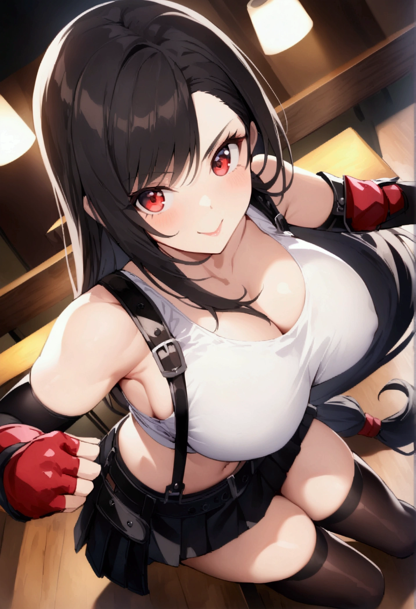(score_9, score_8_up, score_7_up), BREAK  (masterpeace),(best quality),(aesthetic,very aesthetic),(highly detailed),1girl, tifa lockhart, final fantasy,(beautiful). black hair, low-tied long hair, red eyes, bangs, white tank top, belt, pleated skirt, thighhighs, elbow fingerless gloves, elbow pads, midriff, navel,suspender skirt.zettai ryouiki,(big_breasts),Solo,upperbody,looking at viewer,  vibrant, joyful,cafe and bar,,Showcasing cleavage ,counter,,fullbody,dynamic angle,fighting pose,professional lighting,cinematic lighting,