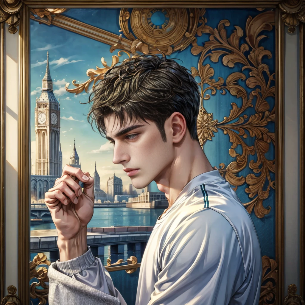 masterpiece, top-quality, ighly detailed, Convoluted, 1 beautiful boy, He wears sportswear, He#39;Wearing short socks with a logo on them., He wears sneakers, shiny white skin, Naughty face, Black eyes, short dark hair, Looking at Viewer, a park, Accurately and beautifully depict faces and bodies, Cute face, Big eyes