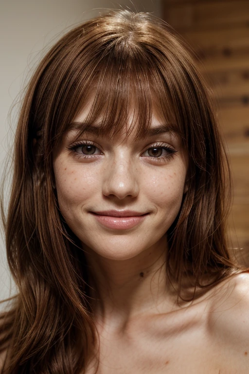 Red hair, straight hair, medium length hair, side-swept bangs, freckles across nose and cheeks, light brown eyebrows, large brown eyes, slight dark circles under eyes, white teeth, small gap between front teeth, fair skin, smooth complexion, light natural makeup, slightly pointed chin, slim face, thin nose, slightly upturned nose tip, high cheekbones, slightly flushed cheeks, subtle dimples when smiling, relaxed and friendly expression, slightly parted lips, full lower lip, delicate jawline, visible collarbones, no visible piercings or tattoos.