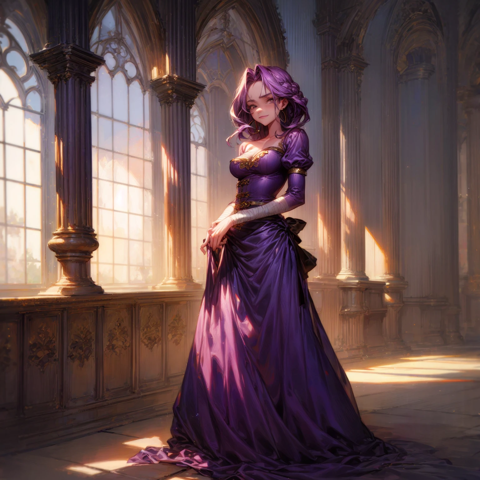 Solo character, full body version, detailed background, detailed clothing, detailed hair, detailed face detailed gesture, young girl, lavender color hair, long haircut, long dress Victorian, blue color dress, yellow long skirt, sandals, bandage, hoop earrings, indoor, inn medieval, sad eyes, smile mouth, standing gesture, Medium Breast, Sword in hand