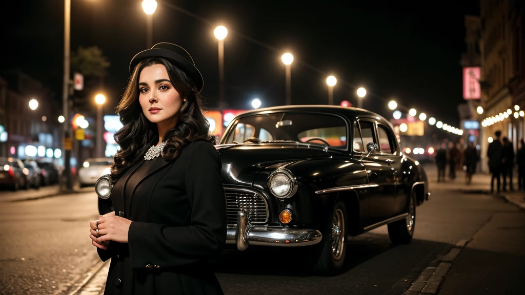 A vintage black and white photograph of an elegant Preity Zinta standing beside a classic car on a city street at night. The woman has a timeless, glamorous appearance, wearing a stylish dress with polka-dotted sleeves and a matching hat adorned with a decorative brooch. Her hair is styled in soft waves, and she has a confident, poised expression. The street is lit by old-fashioned lampposts, and the blurred background suggests a serene, evening atmosphere typical of a bygone era. The overall scene exudes a sense of classic Hollywood glamour and sophistication.