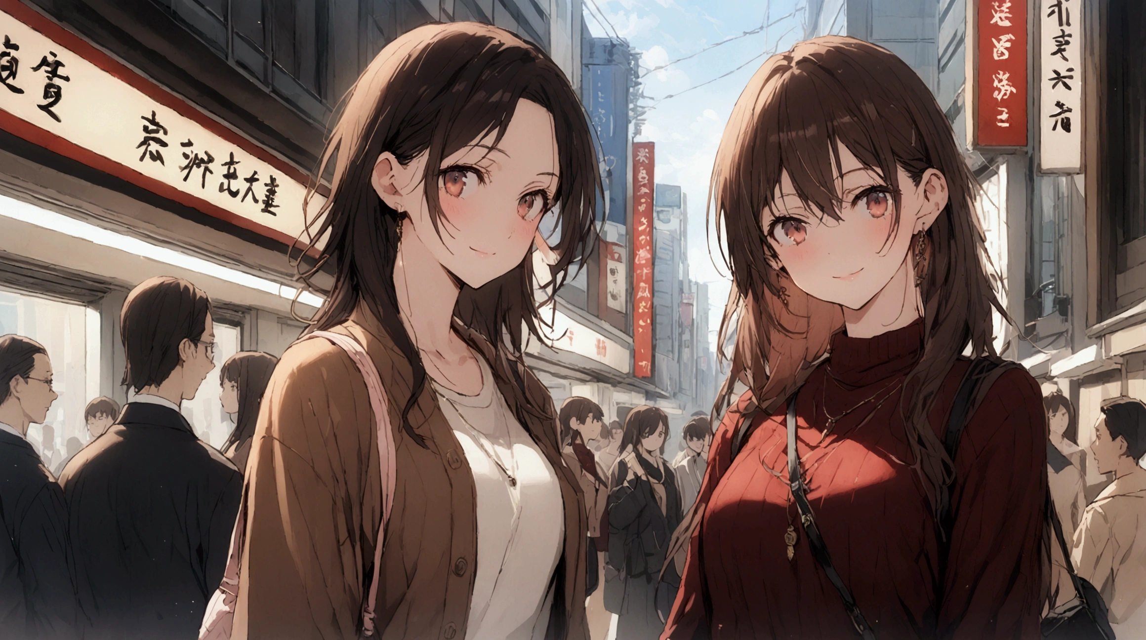 paisagem surreal, work of art, ultra detaild, Definition of 8k, beautiful  face, Chizuru Ichinose , casual clothes, women&#39;s shoulder bag, slightly slouched posture, closed mouth smile slim body, Fine body, ideal body, Tokyo city, people passing on the street, アニメ, chestnut hair, eyes browns